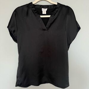 Nicole Miller Basic Short Sleeve V Neck Silky Blouse | Black | Size: M | Women